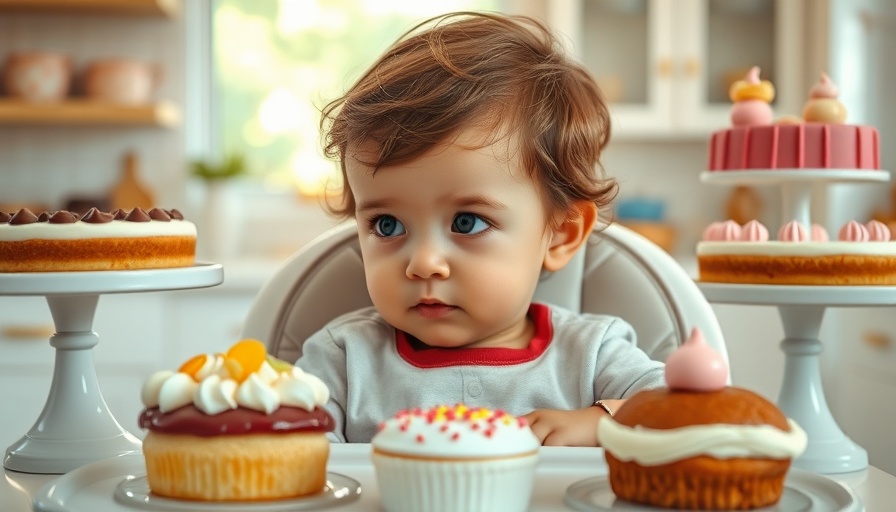 Curious toddler experiencing early sugar exposure, surrounded by sweets.