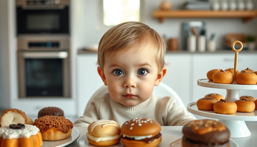 Toddler surrounded by pastries, illustrating early sugar exposure.
