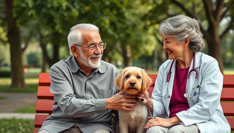Elderly man and doctor with therapy dog on park bench.