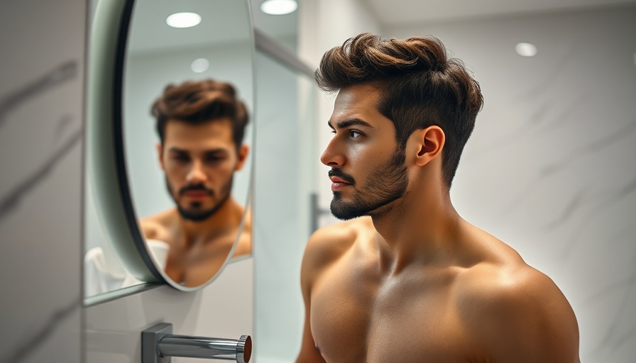Man considering berberine health benefits in modern bathroom.