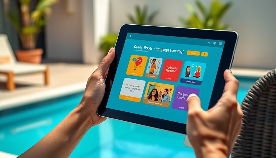 Tablet displaying language learning app interface by poolside.