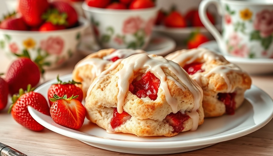 Delicious strawberry scones with icing on a plate.