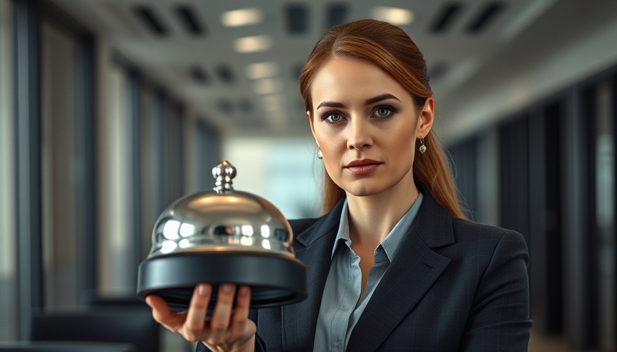 Gwendoline Christie in office setting holding a bell, focused expression.