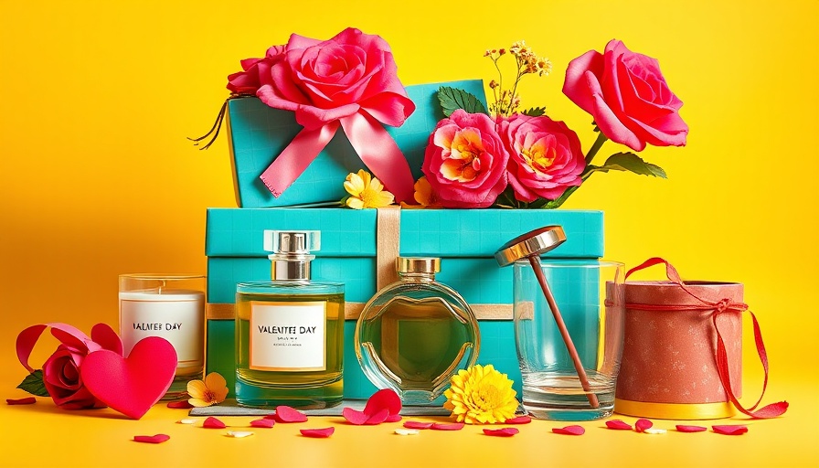 Colorful Valentine's Day gifts including a candle, perfume, flowers, and tumbler.