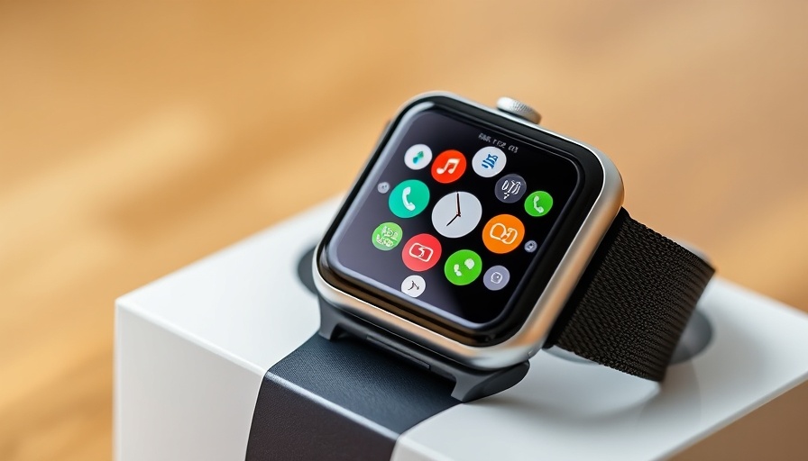 Apple Watch Series 3 close-up on box with colorful app icons.