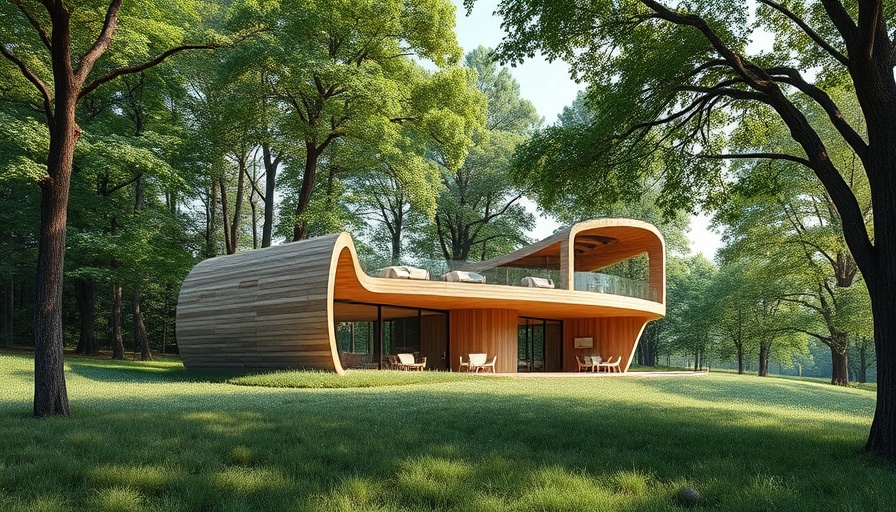 Nature-inspired workspace design in a wooden structure on a grassy field.
