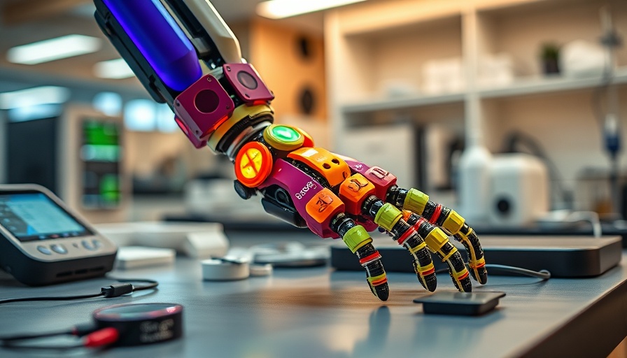 Close-up of colorful bionic limb being tested in a lab setting.