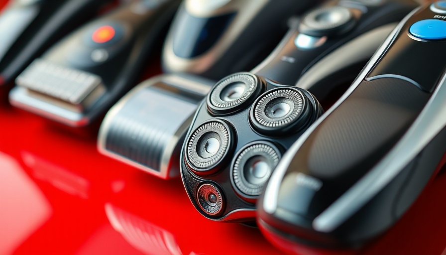 Variety of sleek electric shavers on glossy red surface.