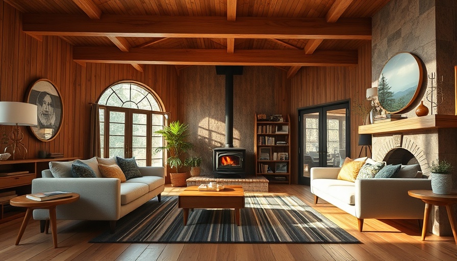 Mid-century modern home design living room, cozy and stylish furniture.