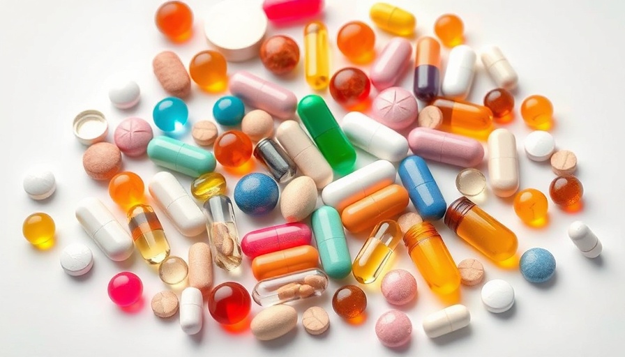 Vibrant assortment of supplements and medications on white background.