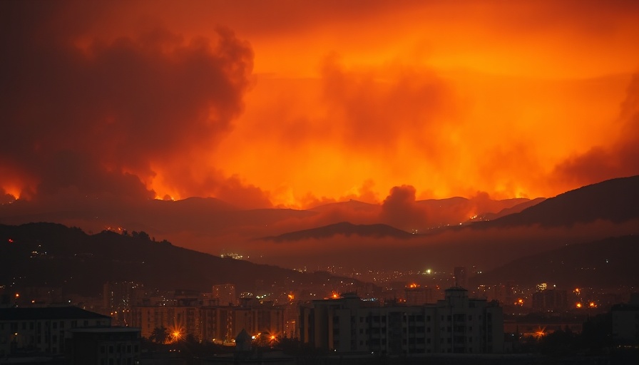 Dramatic wildfire with smoke overlooking a city at night, wildfire smoke visible.