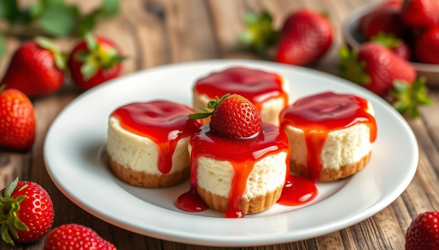Cheesecake bites with strawberries on a plate.