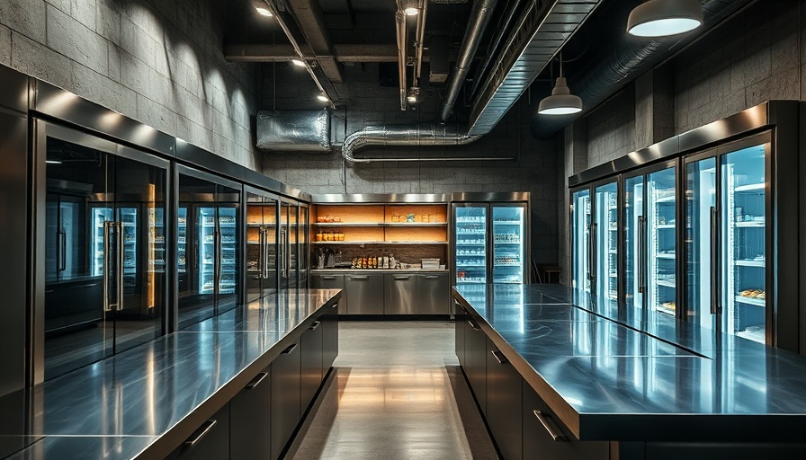 Modern Ark T5 kitchen with metal counters and glass fridge.
