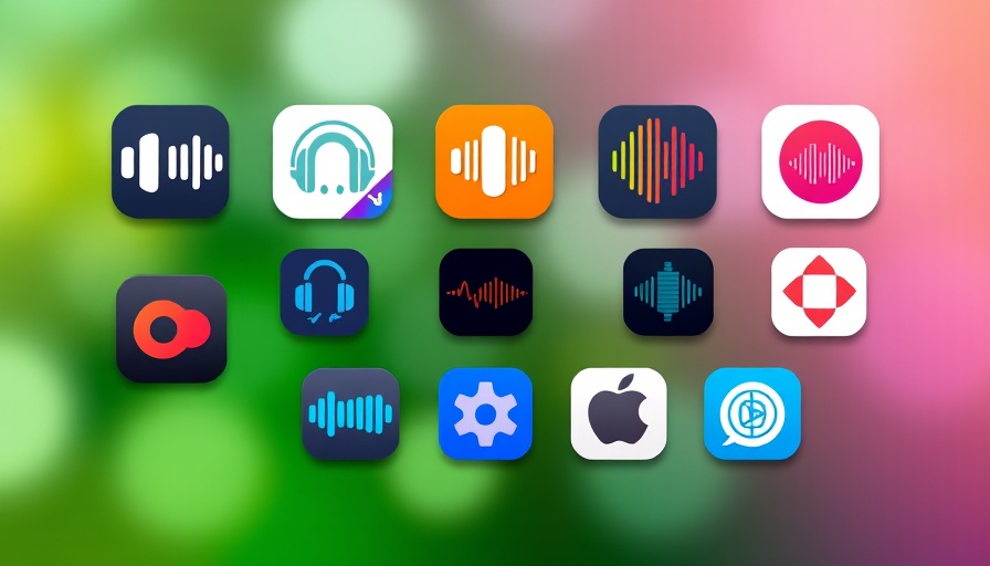 Audio transcription app icons on blurred background.