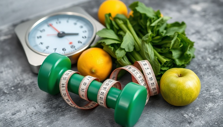 Healthy foods and dumbbell for weight loss journey.