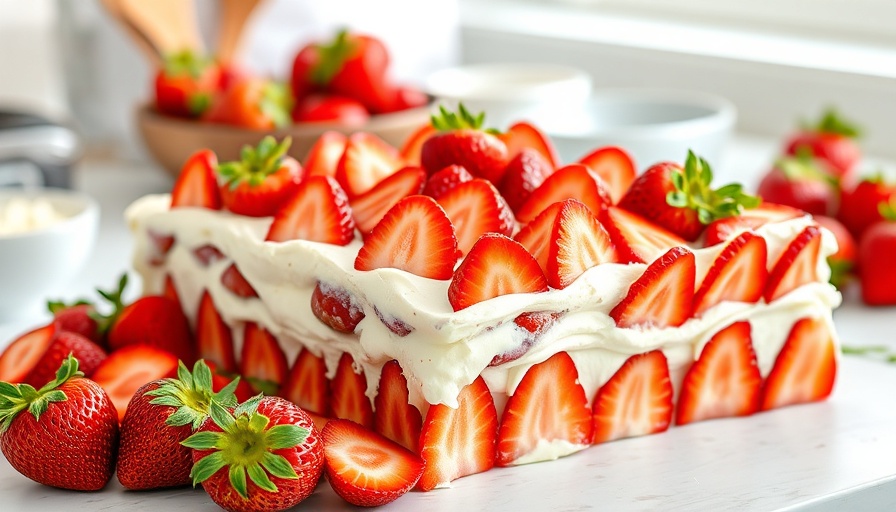 Strawberry Tiramisu preparation with sliced strawberries and cream.