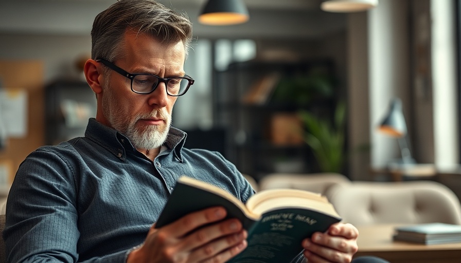 Focused man reading book on productivity, at workplace.