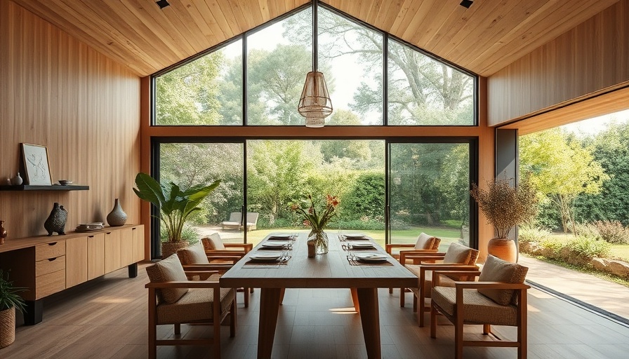 Modern hemp interior dining room with garden view.