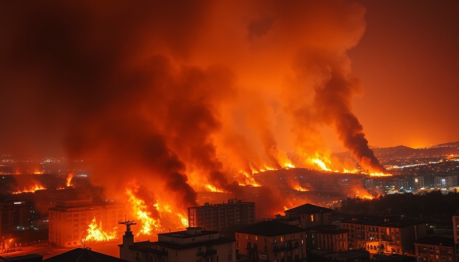 Wildfire smoke and flames illuminating a cityscape at night.