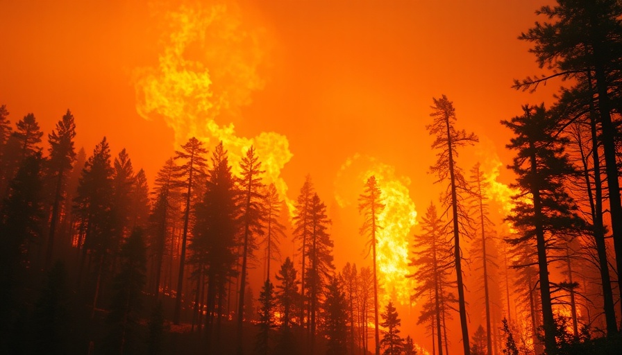 Wildfires engulf forest in dramatic orange glow.