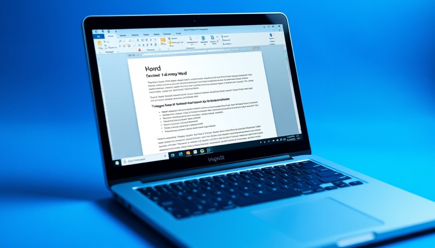 Modern laptop displaying Word document with tracked changes, blue background.