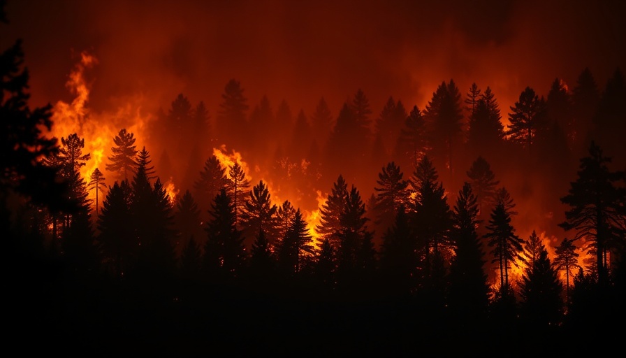 Wildfire safety: Blazing forest fire at night.