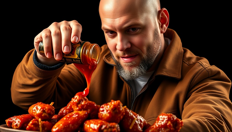 Confident man pouring hot sauce on wings, celebrating 'Hot Ones' milestone.