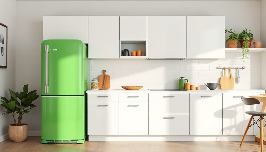 Modern kitchen with pop of color from green refrigerator.