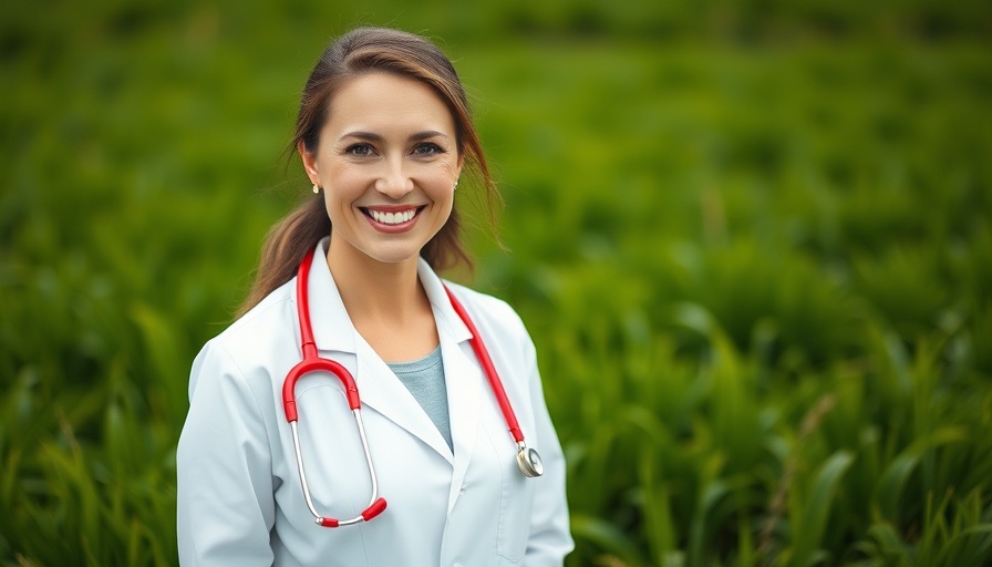 Smiling woman physician outdoors in a white coat