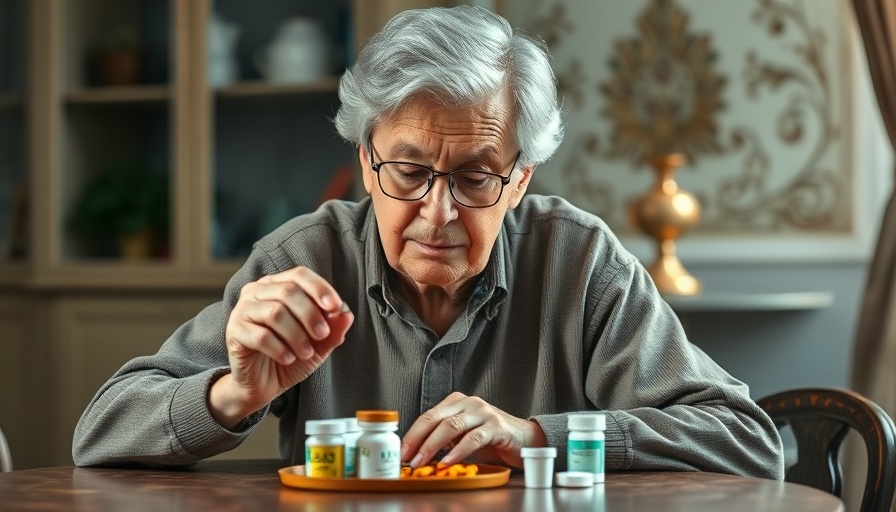 Elderly person organizing pills at a table, emphasizing medication adherence.