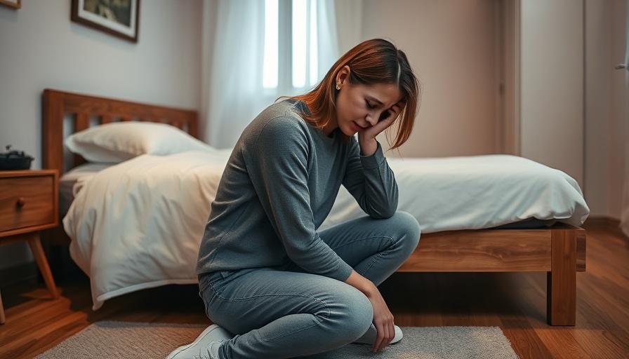 Distressed young woman sitting beside bed in cozy bedroom