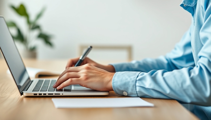 Medical practice manager taking notes on a laptop in an office.