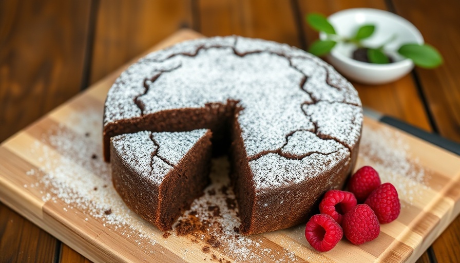 Chocolate Olive Oil Cake with powdered sugar and raspberries on a board.