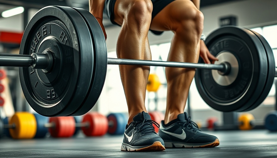 Weightlifter wearing weightlifting shoes preparing to lift in gym.