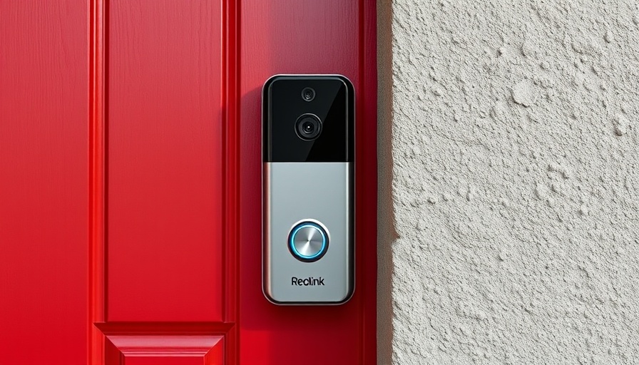 Sleek Reolink video doorbell on a textured wall next to red frame.