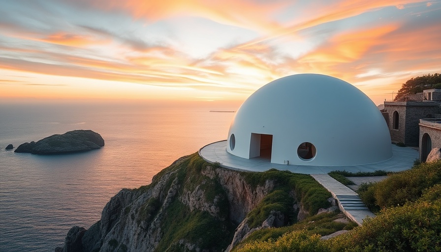 Futuristic dome accessory dwelling unit overlooking ocean sunset