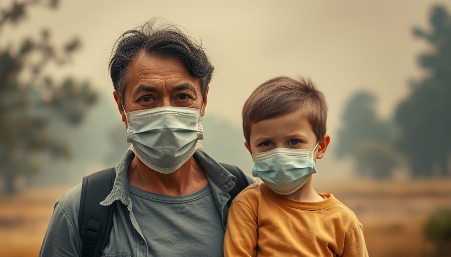 Parent and child wearing masks outdoors, protecting from wildfire smoke.