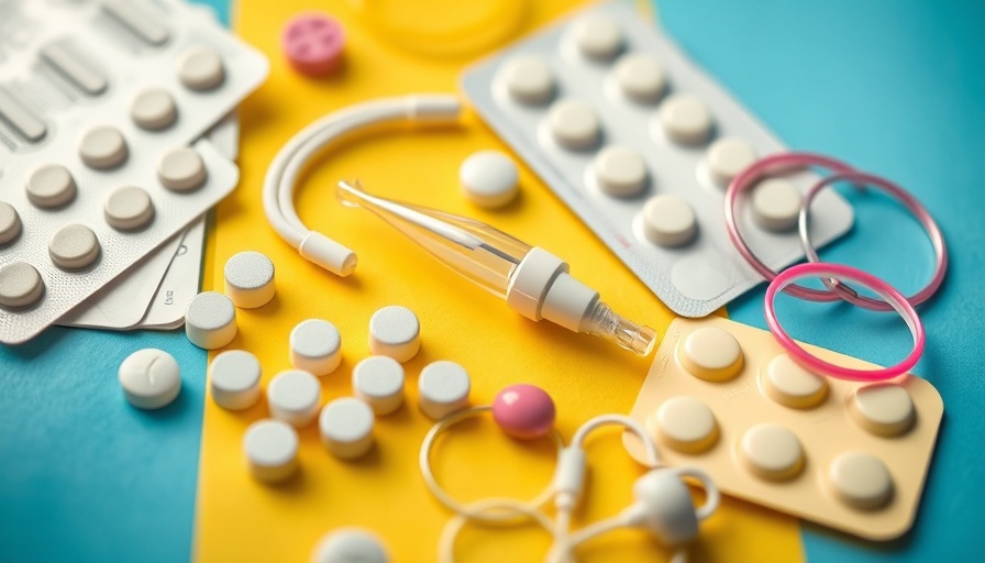 Assorted hormonal birth control methods on colorful background.