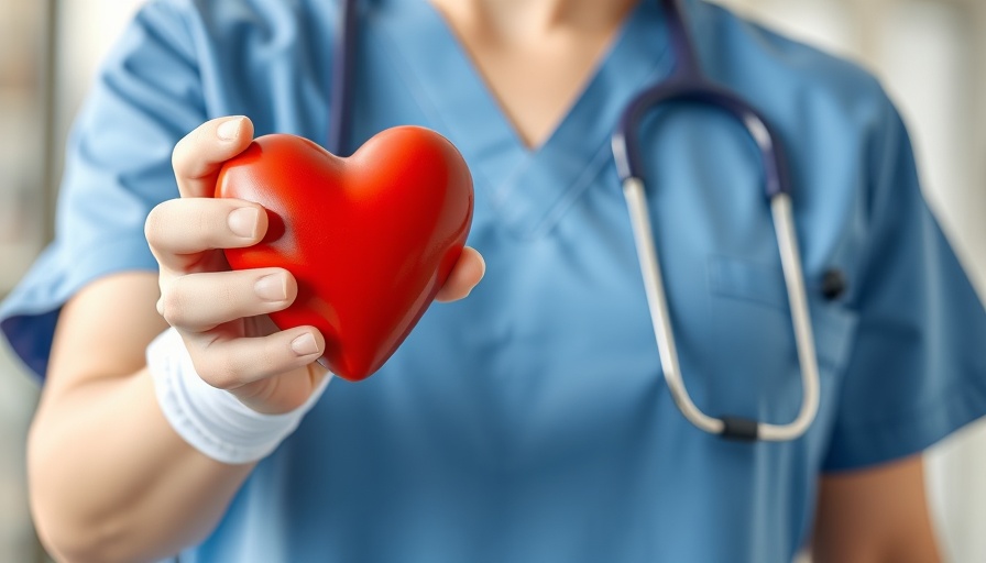 Heart Disease Facts: Medical professional in blue scrubs holding a red heart.