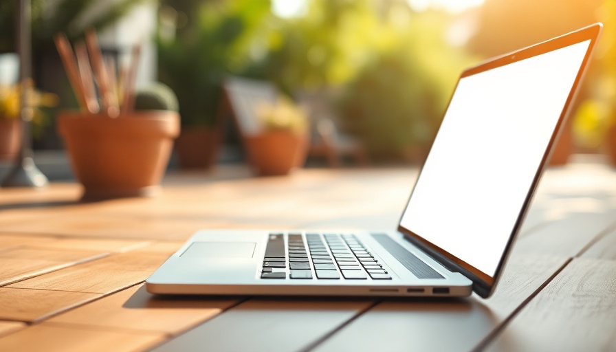 Distraction-free writing machine on a patio table with a coffee cup.