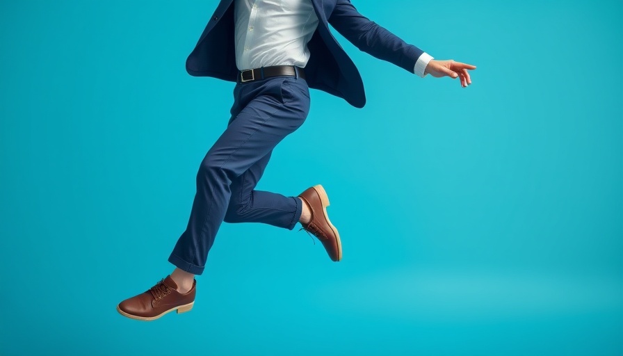 Energetic man in navy chinos jumping against blue background.