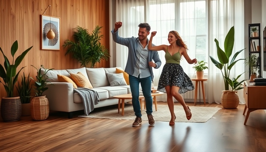 Casual living room with people dancing on luxury vinyl flooring.