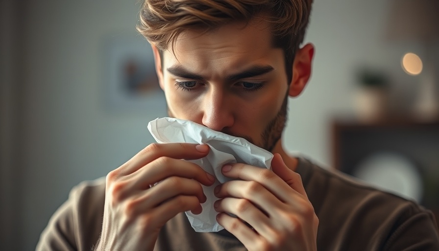Young man with tissue overcoming the common cold