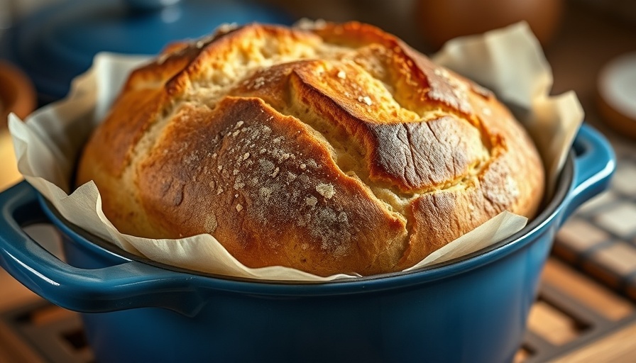 Golden sourdough bread in a blue Dutch oven, close-up.