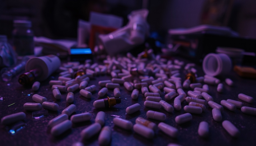 Signs of addiction with scattered pills on a dark surface in London.