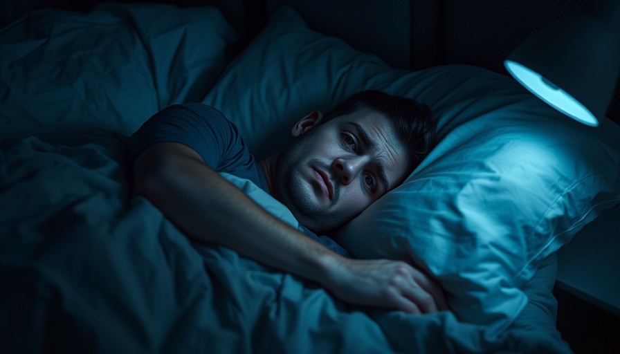Concerned man in bed awake, contemplating irregular sleep.