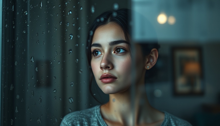 Thoughtful woman gazing through a raindrop-covered window related to aquagenic urticaria.
