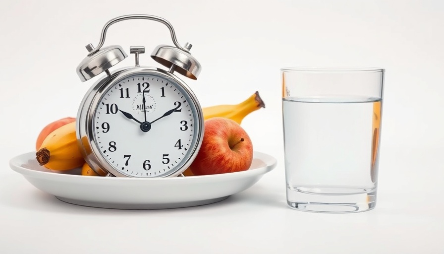 Intermittent fasting concept with clock, water, and fruit.