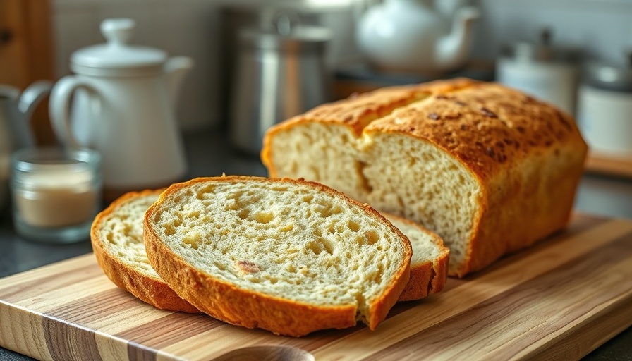 Freshly baked Irish soda bread with kitchen elements.