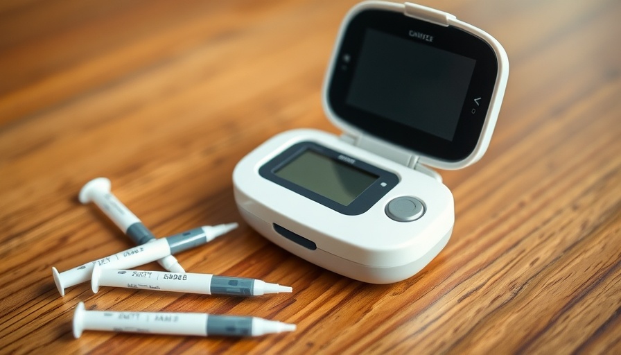 Glucose monitoring kit with digital monitor on table.